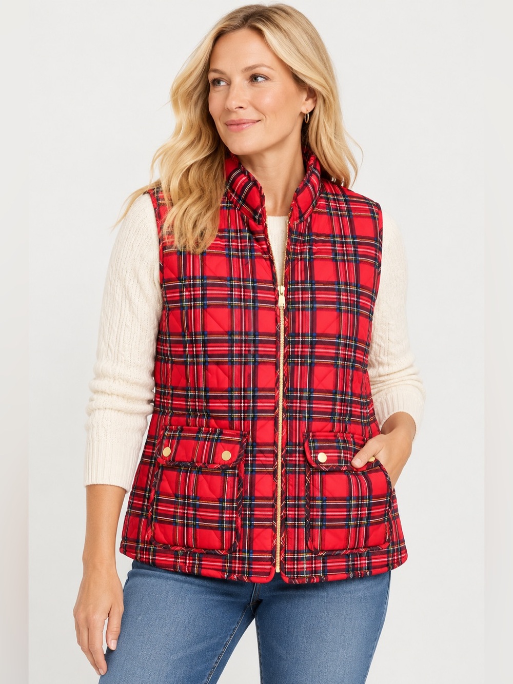 Women’s St. Johns Bay Red Tartan Plaid Quilted Puffer Vest Size 2X Plus NWT